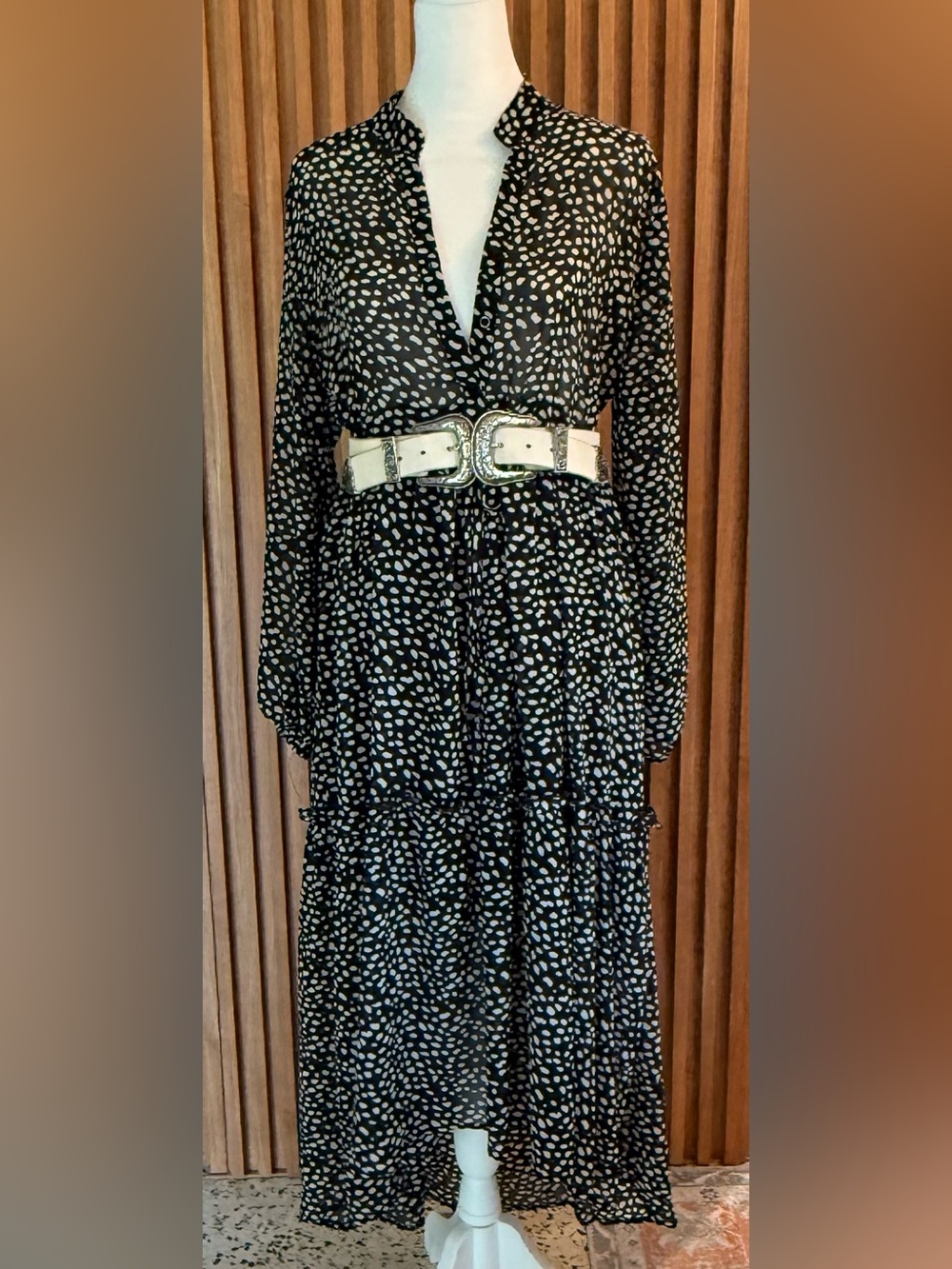 Black Printed Long-Sleeve Tiered Maxi Dress